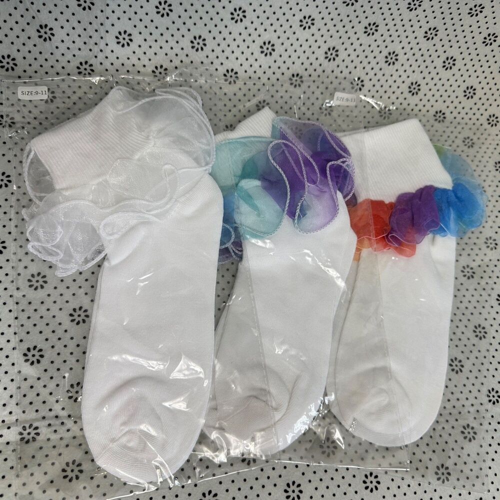Women's White Ankle Socks with Multi-Color Sheer Organza Ruffle Trim Size 9-11
